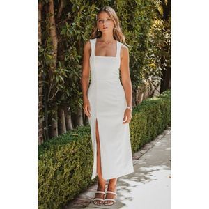 Show Me Your Mumu Eden White Stretch High Slit Sleeveless Fitted Midi Dress
